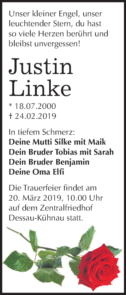  Traueranzeige für Justin Linke vom 01.03.2019 aus Mitteldeutsche Zeitung Dessau-Roßlau