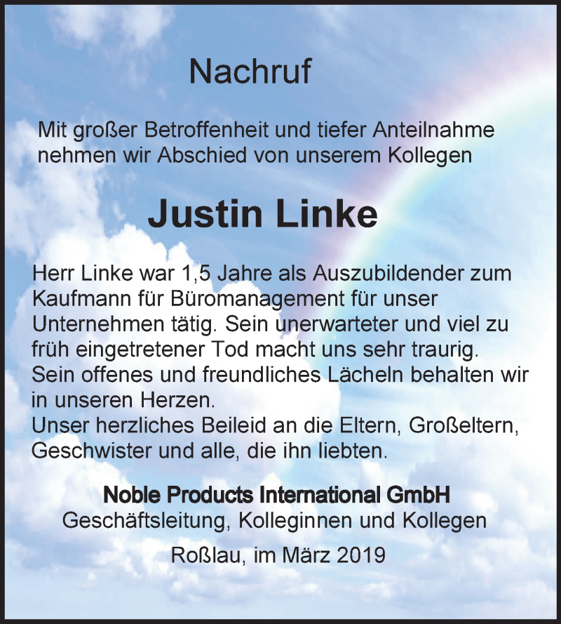 Traueranzeige für Justin Linke vom 13.03.2019 aus Mitteldeutsche Zeitung Dessau-Roßlau