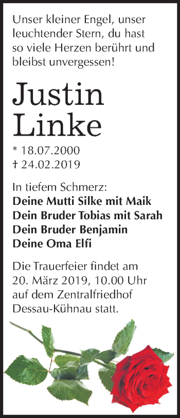 Traueranzeige von Justin Linke von Mitteldeutsche Zeitung Dessau-Roßlau