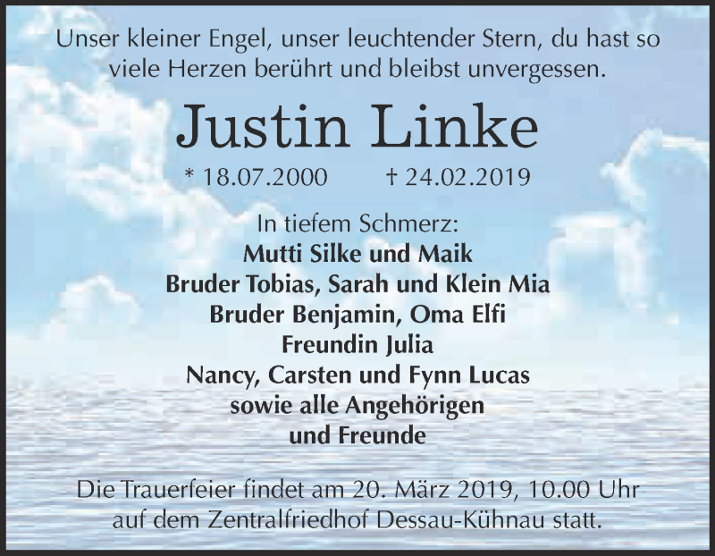  Traueranzeige für Justin Linke vom 04.03.2019 aus WVG - Wochenspiegel Dessau / Köthen
