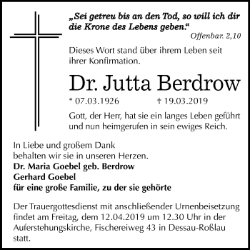 Traueranzeige von Jutta Berdrow von WVG - Wochenspiegel Dessau / Köthen