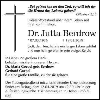 Traueranzeige von Jutta Berdrow von Mitteldeutsche Zeitung