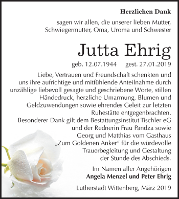 Traueranzeige von Jutta Ehrig von Mitteldeutsche Zeitung