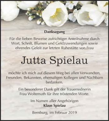 Traueranzeige von Jutta Spielau von Super Sonntag Bernburg