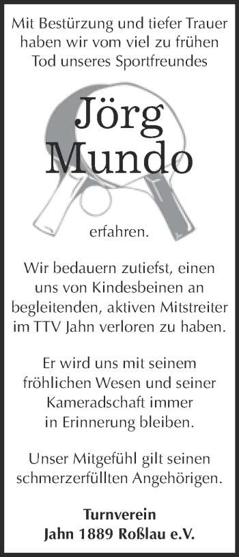 Traueranzeige von Jörg Mundo von Super Sonntag Dessau / Köthen
