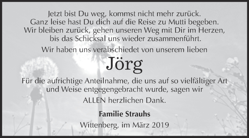 Traueranzeige für Jörg Strauhs vom 16.03.2019 aus Super Sonntag Wittenberg