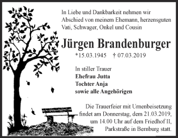 Traueranzeige von Jürgen Brandenburger von Super Sonntag Bernburg