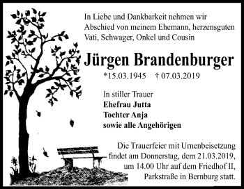 Traueranzeige von Jürgen Brandenburger von Mitteldeutsche Zeitung Bernburg