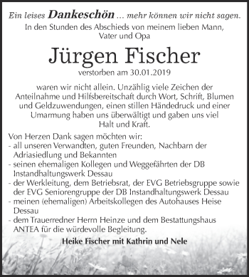 Traueranzeige von Jürgen Fischer von WVG - Wochenspiegel Dessau / Köthen