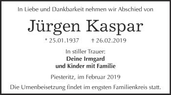 Traueranzeige von Jürgen Kaspar von Super Sonntag Wittenberg