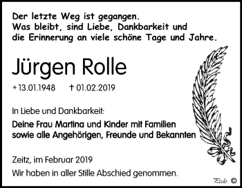 Traueranzeige von Jürgen Rolle von Mitteldeutsche Zeitung Zeitz