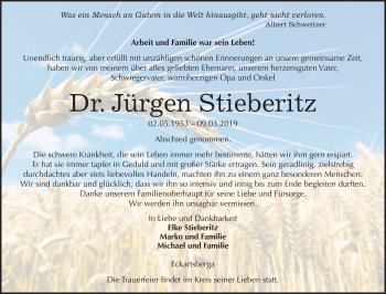 Traueranzeige von Jürgen Stieberitz von Mitteldeutsche Zeitung