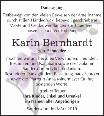 Traueranzeige von Karin Bernhardt von WVG - Wochenspiegel Bitterfeld