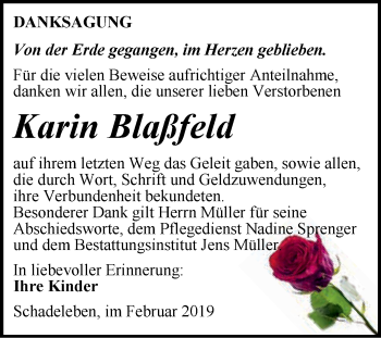 Traueranzeige von Karin Blaßfeld von Super Sonntag Aschersleben