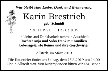 Traueranzeige von Karin Brestrich von Mitteldeutsche Zeitung Sangerhausen