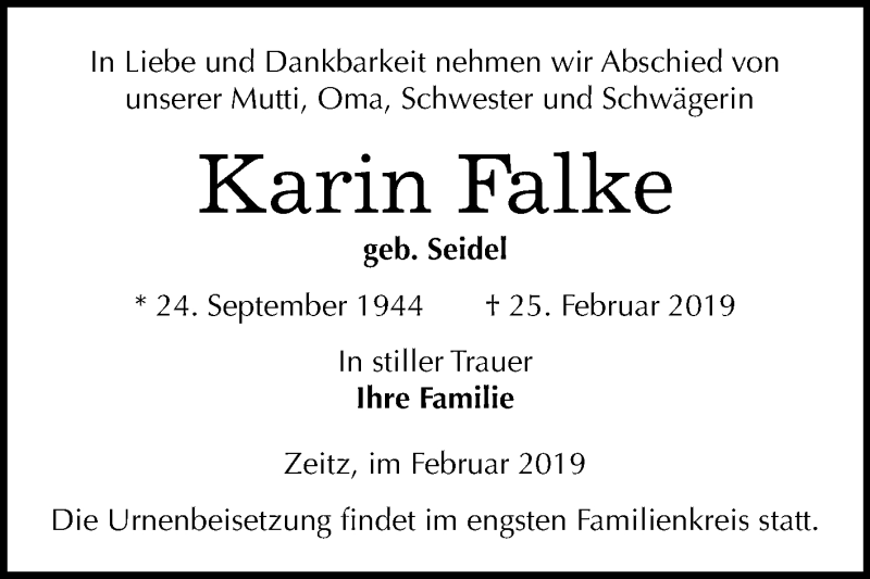  Traueranzeige für Karin Falke vom 06.03.2019 aus WVG - Wochenspiegel NMB / WSF / ZTZ