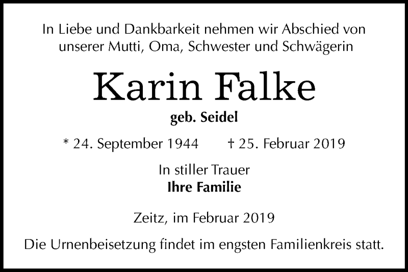  Traueranzeige für Karin Falke vom 06.03.2019 aus Mitteldeutsche Zeitung Zeitz