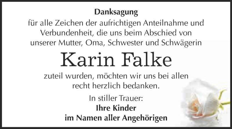  Traueranzeige für Karin Falke vom 16.03.2019 aus WVG - Wochenspiegel NMB / WSF / ZTZ