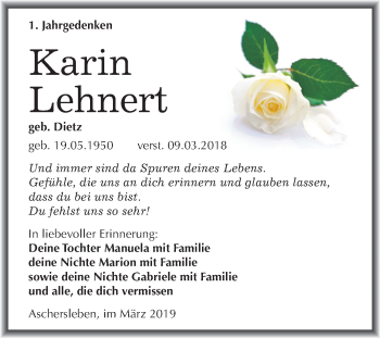 Traueranzeige von Karin Lehnert von Mitteldeutsche Zeitung Aschersleben