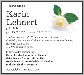 Traueranzeige von Karin Lehnert von Super Sonntag Aschersleben