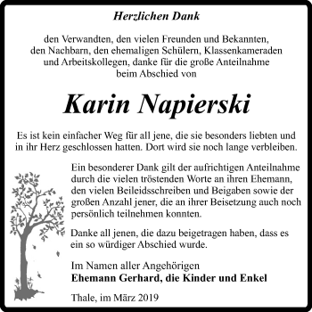 Traueranzeige von Karin Napierski von Mitteldeutsche Zeitung Quedlinburg