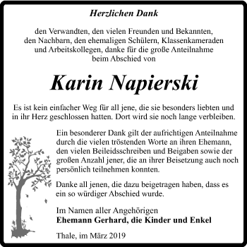 Traueranzeige von Karin Napierski von Super Sonntag Quedlinburg