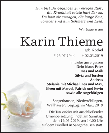 Traueranzeige von Karin Thieme von Super Sonntag SGH Mansf. Land