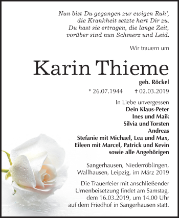 Traueranzeige von Karin Thieme von Mitteldeutsche Zeitung Sangerhausen