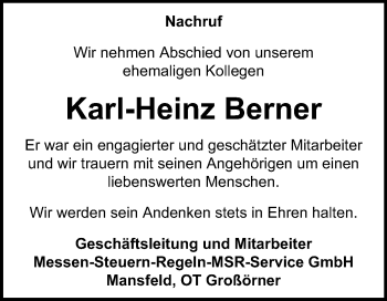 Traueranzeige von Karl-Heinz Berner von Mitteldeutsche Zeitung