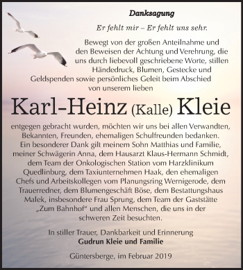 Traueranzeige von Karl-Heinz Kleie von Mitteldeutsche Zeitung Quedlinburg