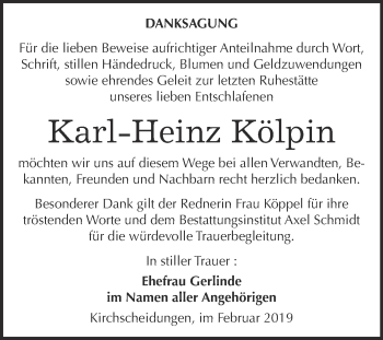 Traueranzeige von Karl-Heinz Kölpin von WVG - Wochenspiegel NMB / WSF / ZTZ