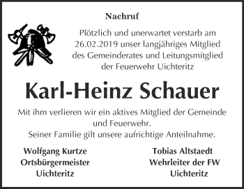 Traueranzeige von Karl-Heinz Schauer von WVG - Wochenspiegel NMB / WSF / ZTZ