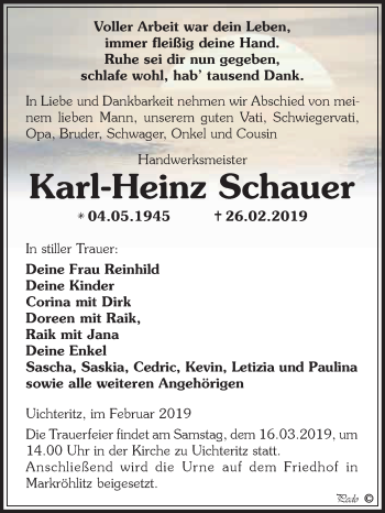 Traueranzeige von Karl-Heinz Schauer von WVG - Wochenspiegel NMB / WSF / ZTZ