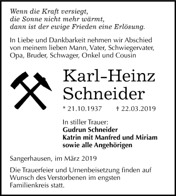 Traueranzeige von Karl-Heinz Schneider von Mitteldeutsche Zeitung Sangerhausen