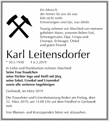 Traueranzeige von Karl Leitensdorfer von Wochenspiegel Mansfelder Land