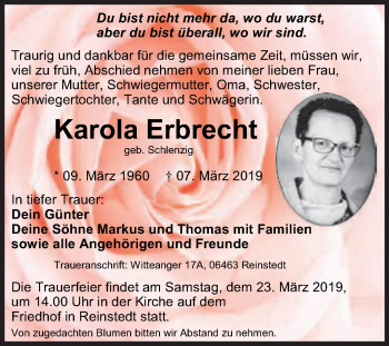 Traueranzeige von Karola Erbrecht von Super Sonntag Aschersleben