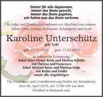 Traueranzeige von Karoline Unterschütz von Super Sonntag SGH Mansf. Land
