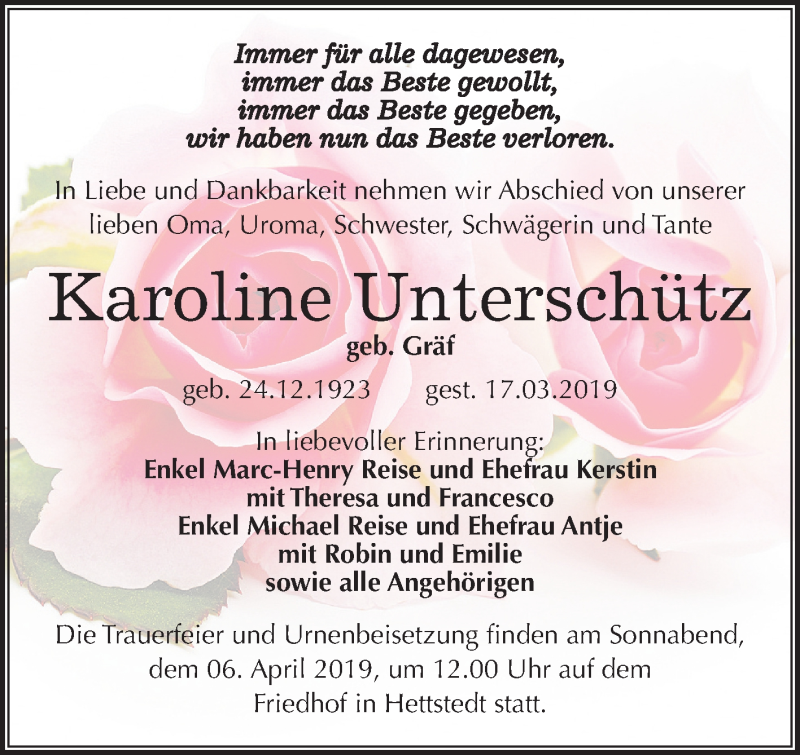  Traueranzeige für Karoline Unterschütz vom 30.03.2019 aus Mitteldeutsche Zeitung Mansfelder Land
