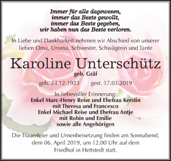 Traueranzeige von Karoline Unterschütz von Mitteldeutsche Zeitung Mansfelder Land