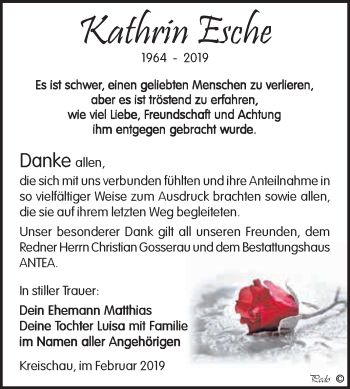 Traueranzeige von Kathrin Esche von WVG - Wochenspiegel NMB / WSF / ZTZ
