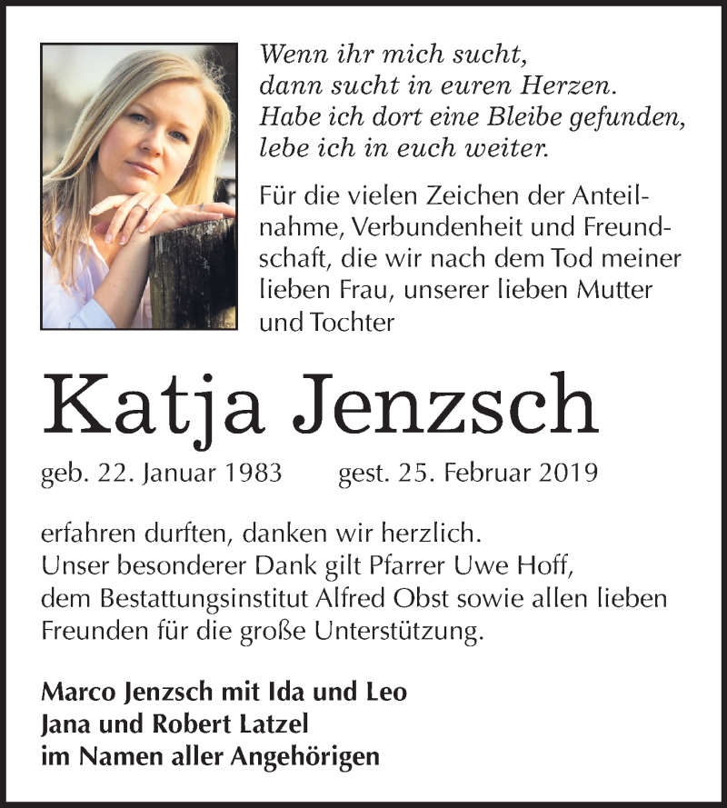  Traueranzeige für Katja Jenzsch vom 09.03.2019 aus Mitteldeutsche Zeitung