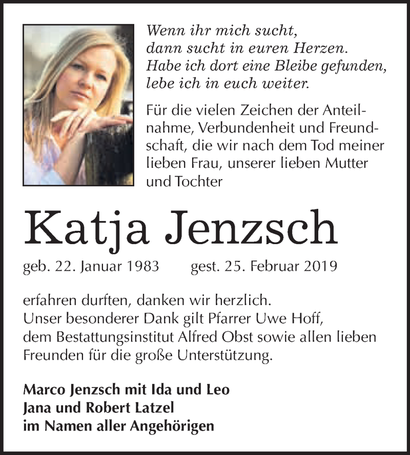  Traueranzeige für Katja Jenzsch vom 09.03.2019 aus WVG - Wochenspiegel NMB / WSF / ZTZ