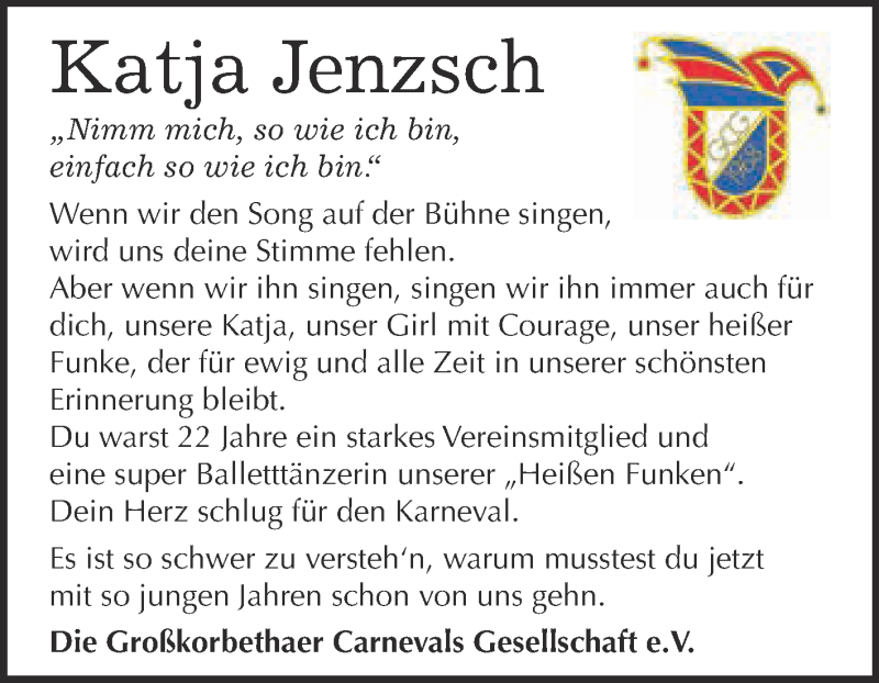  Traueranzeige für Katja Jenzsch vom 04.03.2019 aus WVG - Wochenspiegel NMB / WSF / ZTZ