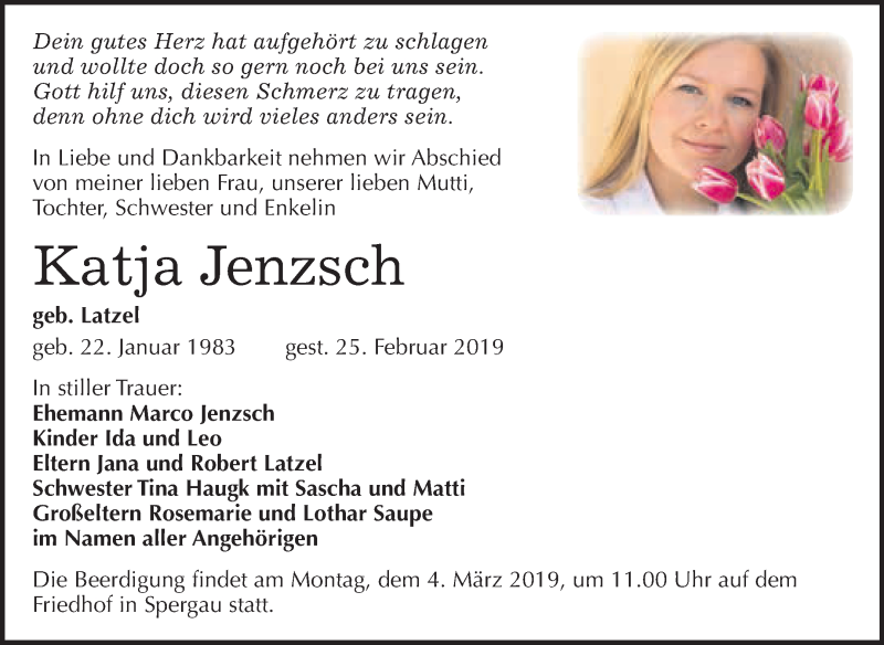  Traueranzeige für Katja Jenzsch vom 02.03.2019 aus WVG - Wochenspiegel NMB / WSF / ZTZ