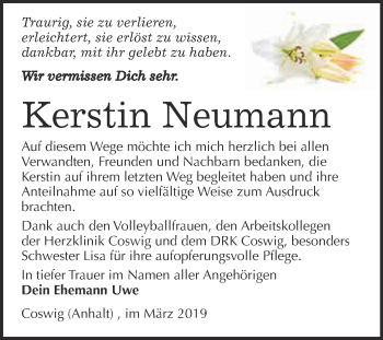 Traueranzeige von Kerstin Neumann von Super Sonntag Wittenberg