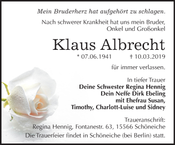 Traueranzeige von Klaus Albrecht von Mitteldeutsche Zeitung Sangerhausen