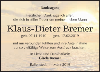 Traueranzeige von Klaus-Dieter Bremer von WVG - Wochenspiegel Quedlinburg
