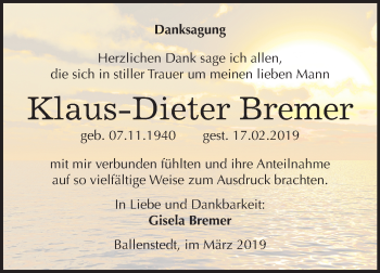 Traueranzeige von Klaus-Dieter Bremer von Mitteldeutsche Zeitung Quedlinburg