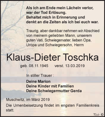 Traueranzeige von Klaus-Dieter Toschka von WVG - Wochenspiegel NMB / WSF / ZTZ