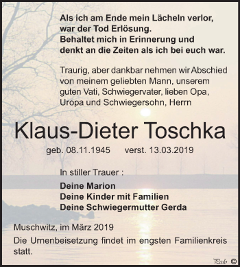 Traueranzeige von Klaus-Dieter Toschka von Mitteldeutsche Zeitung Weißenfels